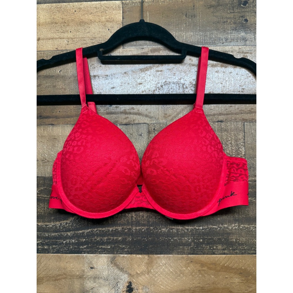 Victoria's Secret PINK Wear Everywhere Push-Up Bra Red Leopard Lace 36C
